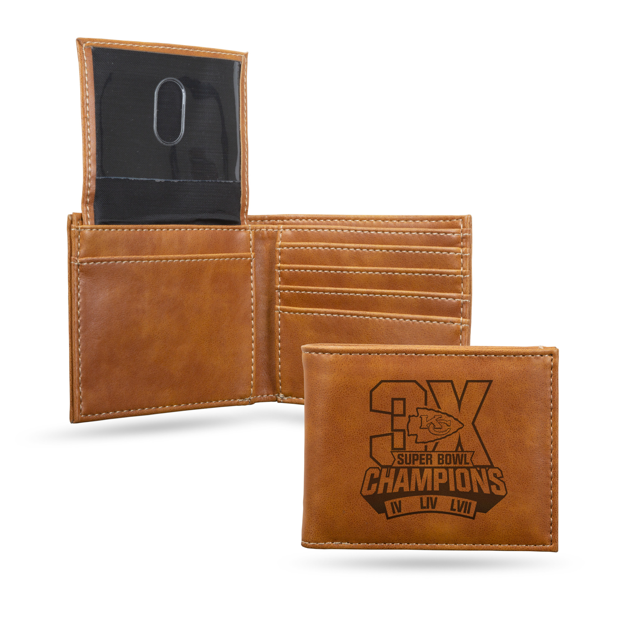 Kansas City Chiefs 3 Time Super Bowl Champions Laser Engraved Bill-fold Wallet - Slim Design - Great Gift