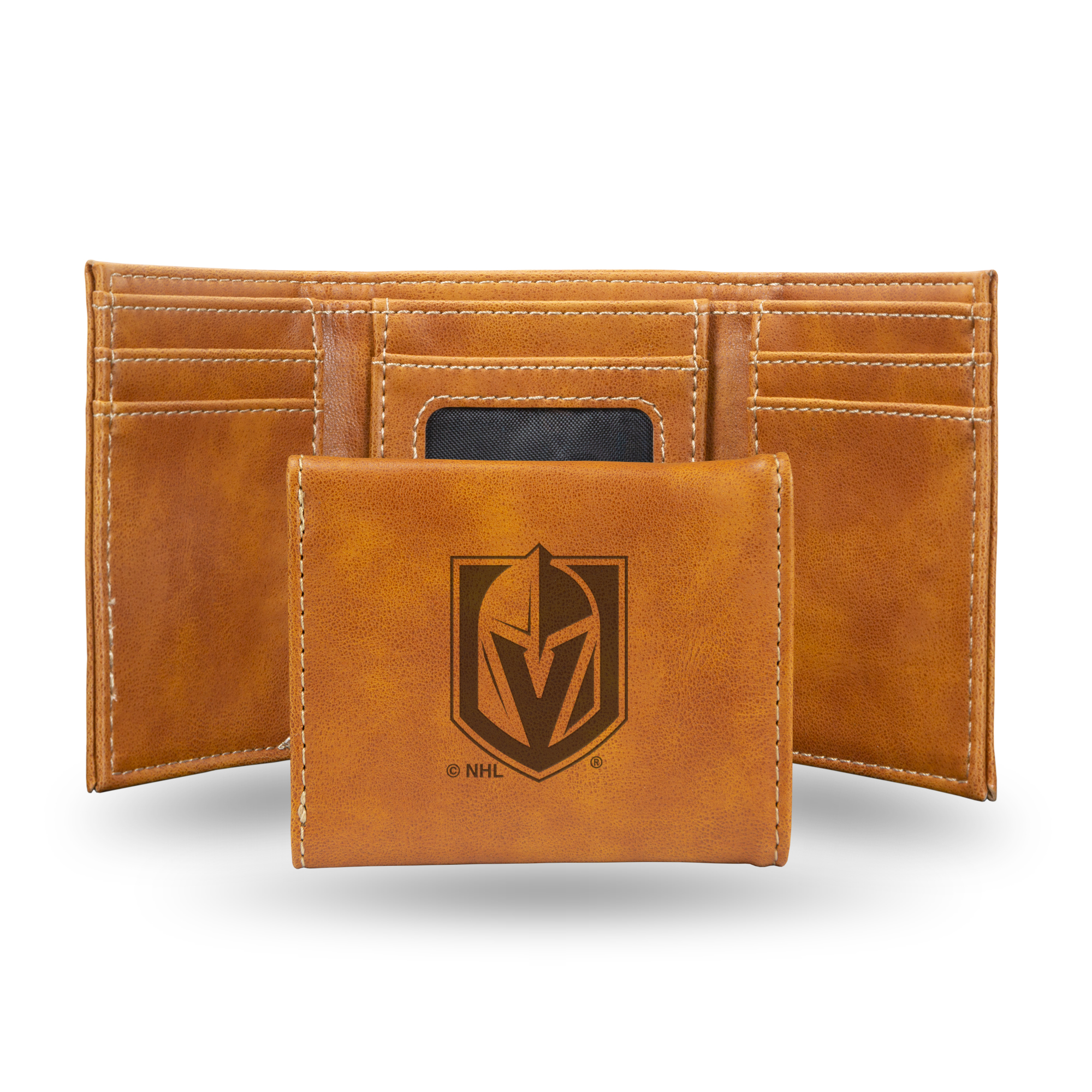 Vegas Golden Knights Brown Laser Engraved Tri-Fold Wallet - Men's Accessory